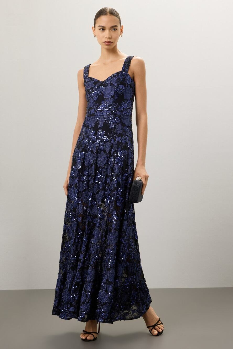 Dress the Population Anabel Navy Blue Floral Sequined Formal Gown Size M